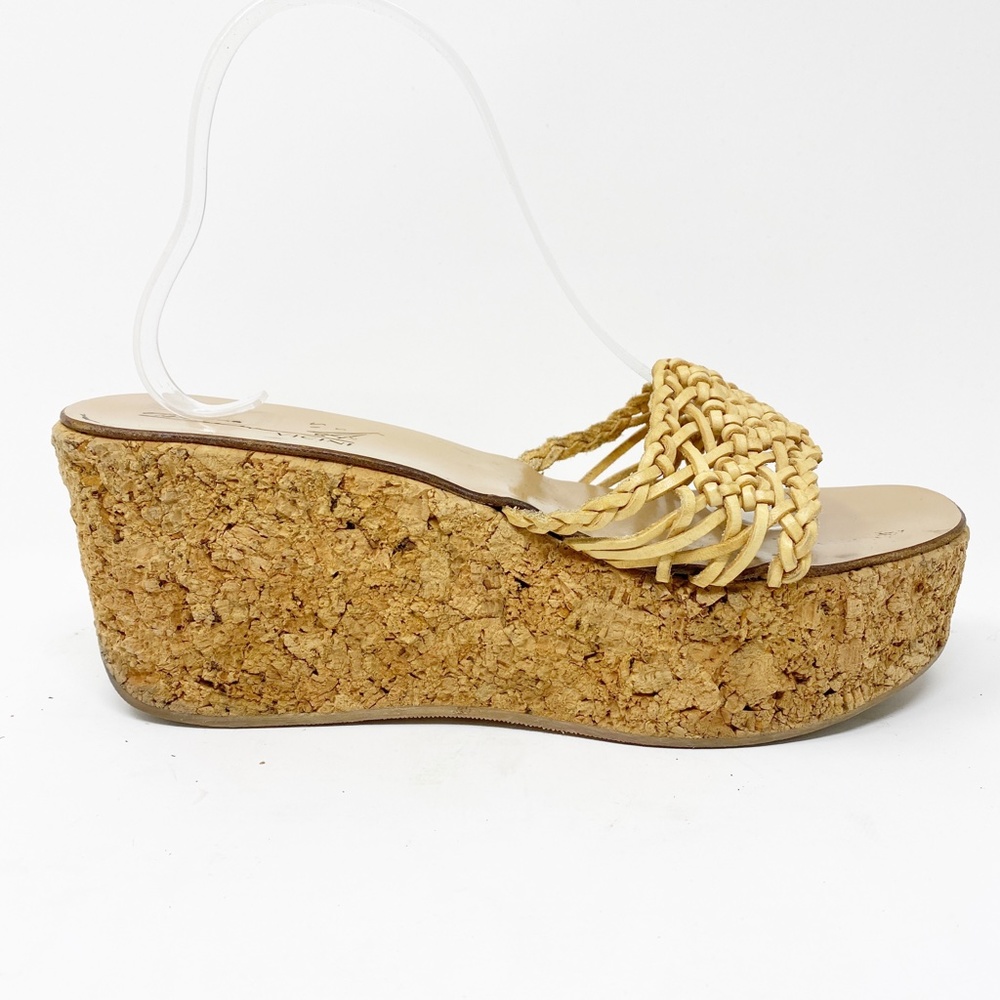 Vicini Tapee Woven Leather Cork Platform Wedge Sandals‎ Tan Beige Italy Size 40